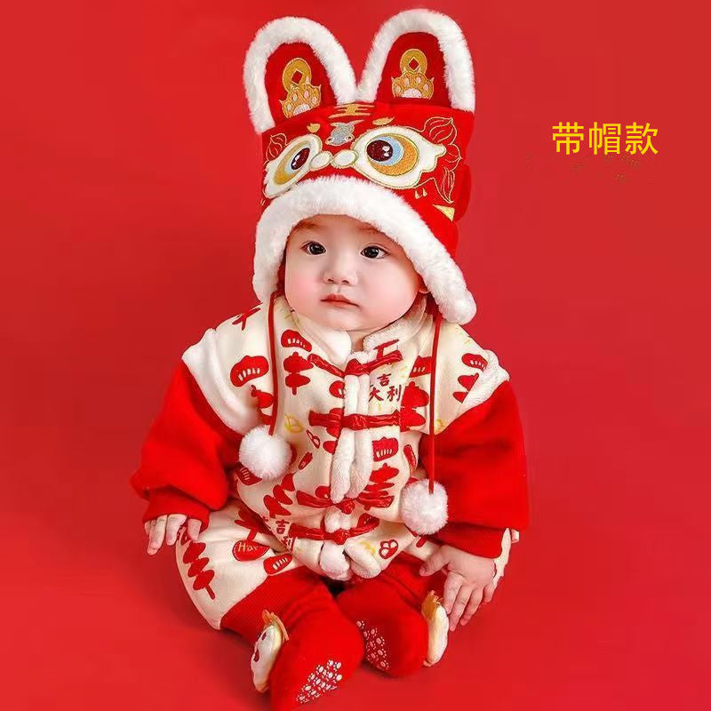 GM26010104嬰兒冬季加厚連身衣服寶寶滿月百天週歲禮服紅色喜慶拜年服棉服秋