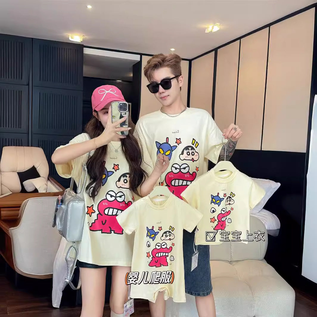 L25041715新款親子裝夏裝T卹母女母子卡通短袖t卹嬰兒爬服一家四口裝潮