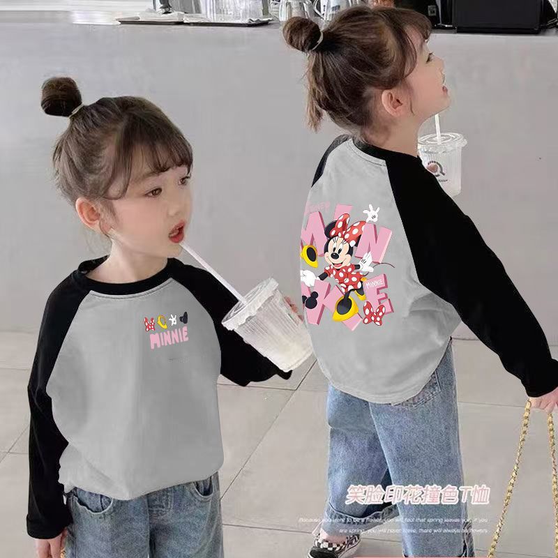 CE25091901女童長袖t卹春秋裝新款兒童撞色卡通洋氣女孩中大童打底上衣