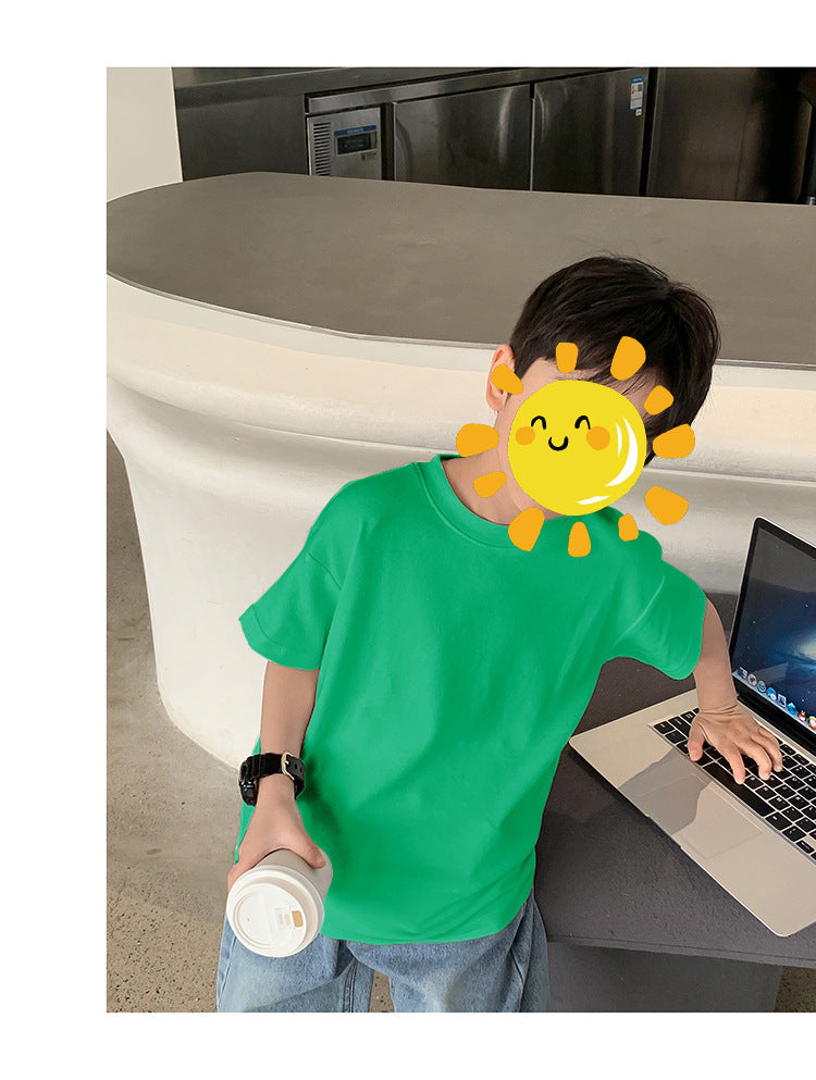 Z25030409含棉純色童裝男女短袖t恤衫夏季幼稚園班服兒童寶寶半袖上衣批發