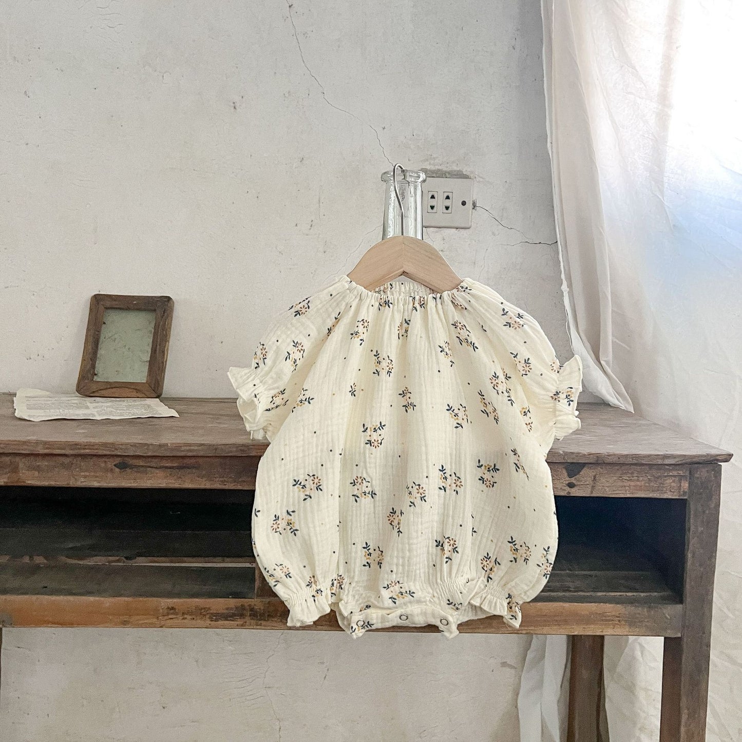 GF25061715韓國版女童夏款純棉碎花吊帶哈衣爬服ins短袖上衣+高腰荷葉邊短褲