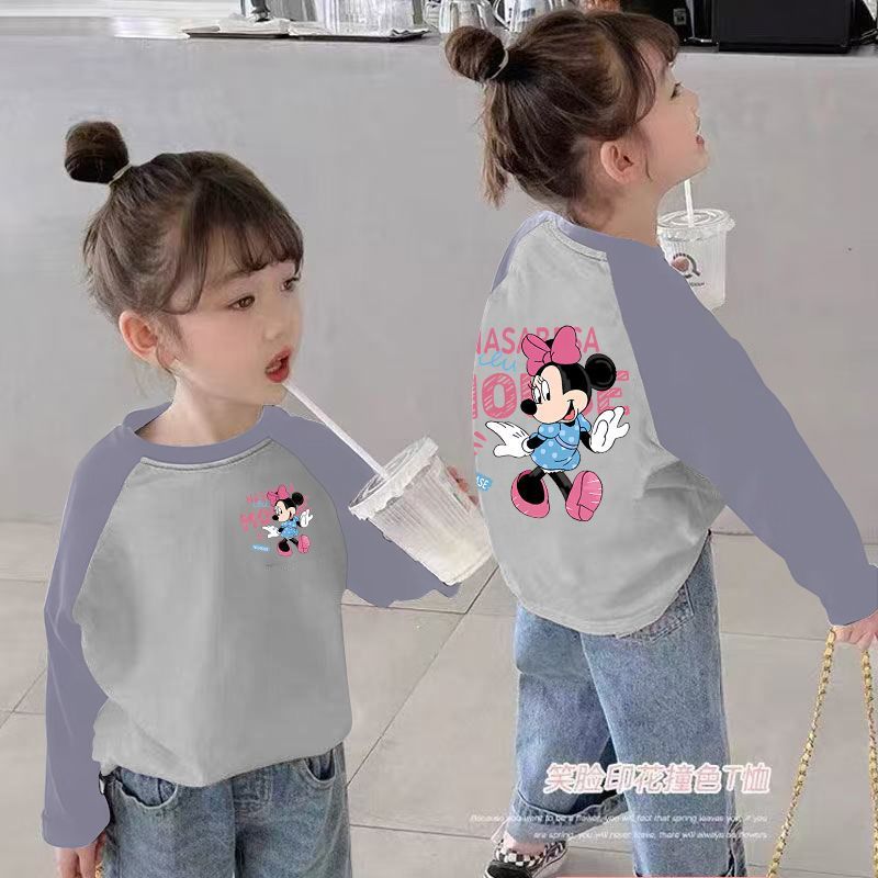 CE25091901女童長袖t卹春秋裝新款兒童撞色卡通洋氣女孩中大童打底上衣