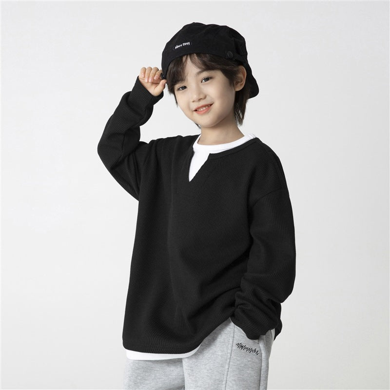GJ25082720童裝2025春秋新款男童韓版潮範T卹假兩件衣服大童洋氣秋裝