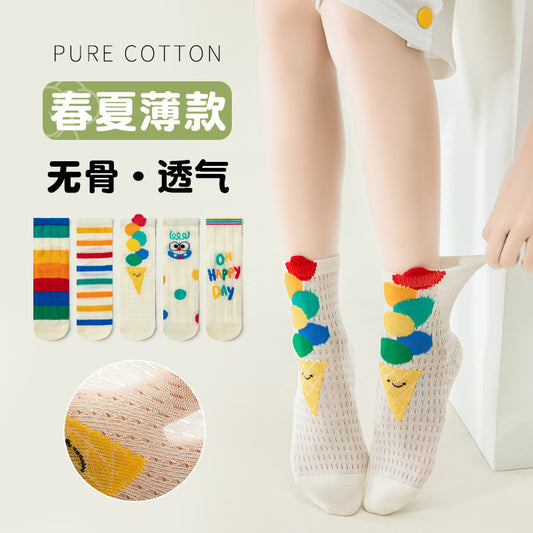 GI25073108春季夏季兒童襪子薄款玻璃絲彩虹條紋女童襪子網眼寶寶襪子批發