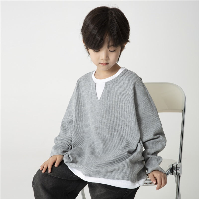 GJ25082720童裝2025春秋新款男童韓版潮範T卹假兩件衣服大童洋氣秋裝