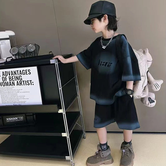 🎈精品童裝🎈FH25062710男童酷帥套裝夏款新款t中大兒童夏裝漸變色T卹個性休閒兩件套