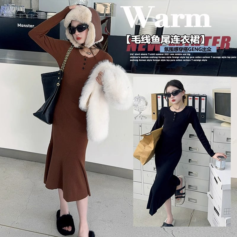 Z25033112女童裙春秋女大童秋裝時尚魚尾裙兒童裝潢身打底連身裙