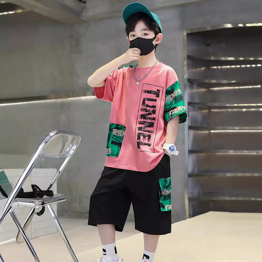 FB24070110男童夏裝套裝2024夏季新男童中大童短袖短褲夏季兒童帥氣兩件套