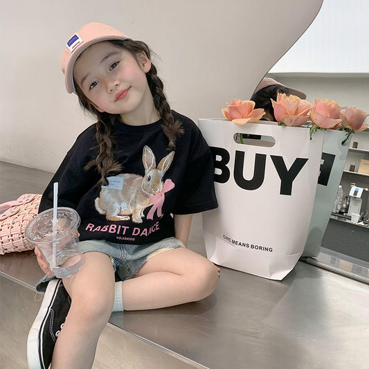 Z25030427女童夏裝短袖t恤純棉新款圓領樣衣寶寶半袖T恤寬鬆兒童上衣INS潮