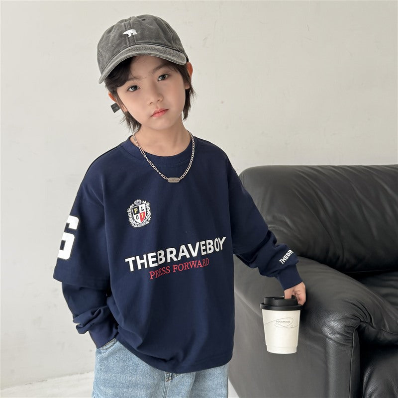 GJ25082719春秋新款男童純棉假兩件長袖T卹秋裝衣服中大童運動服