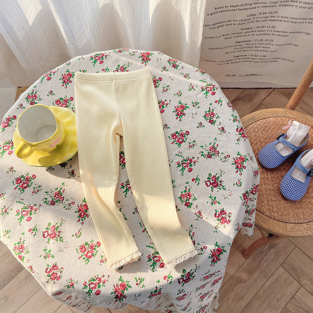 J23092110 INS款男女寶寶打底褲春款坑條光板高腳邊洋氣外穿男女童蕾絲長褲