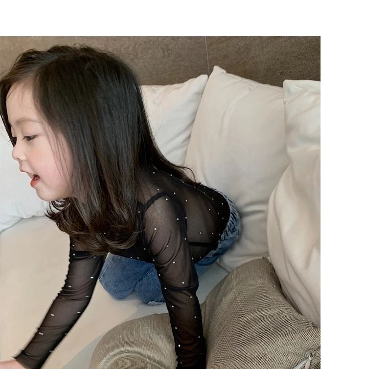 Z25030903女童網紗上衣長袖鏤空網狀T恤兒童透明亮片時尚洋氣外穿打底衫潮