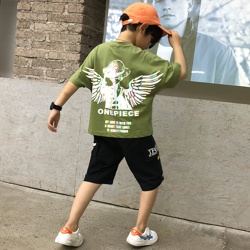 F23050219男童套裝2023夏裝新款寬鬆九分薄款防蚊褲兩件套-中大童