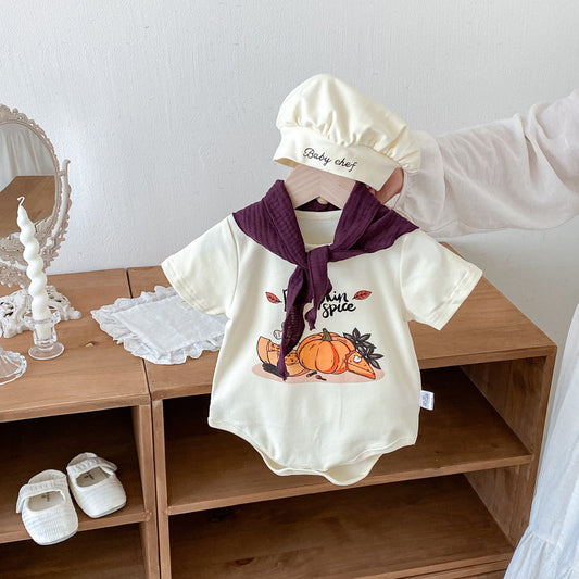 G25091110夏季童裝新款兒童萬聖節童裝歐美可愛短袖南瓜圓領哈衣爬服三件套