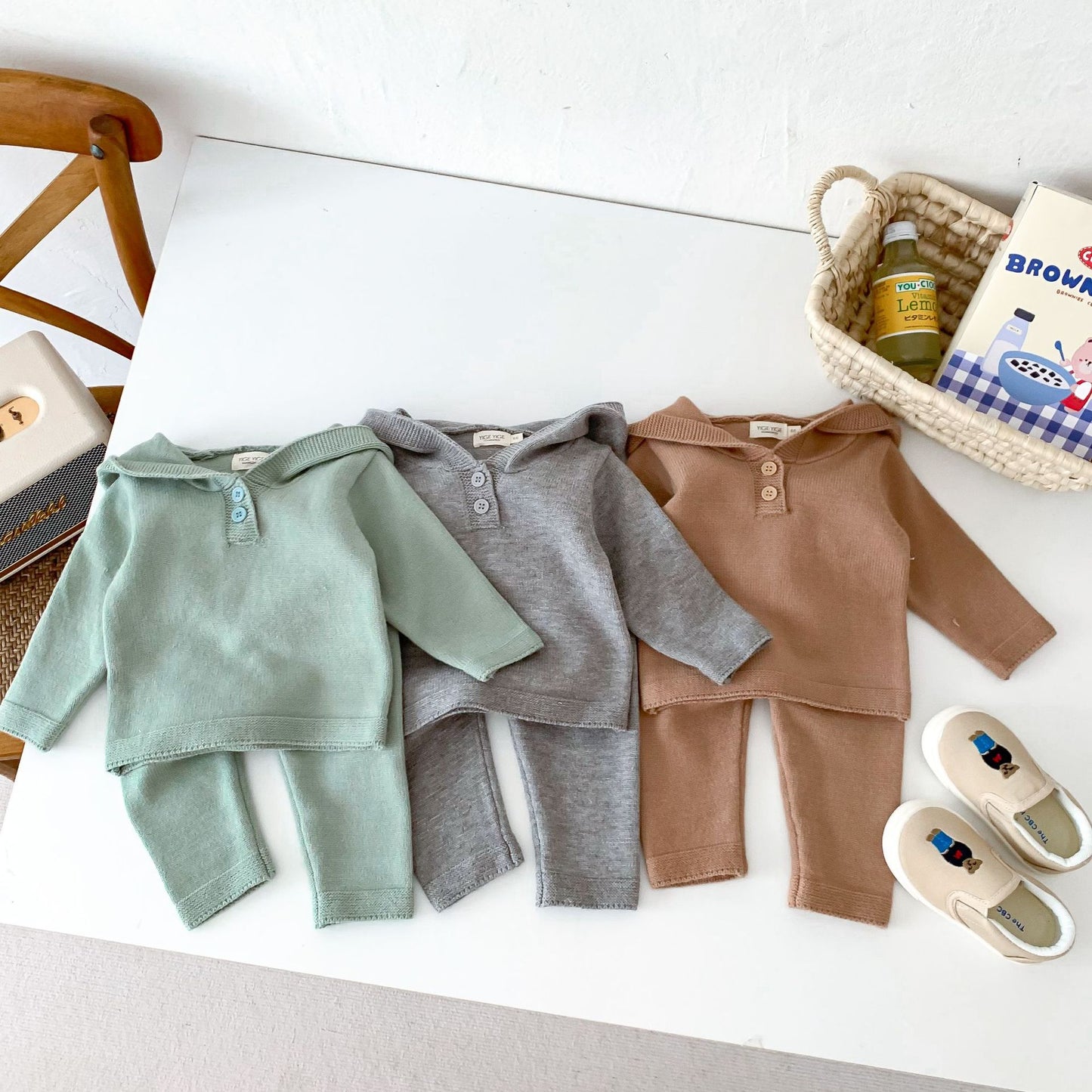 G23111612韓版男女童寶寶純色衛衣毛衣套裝ins新生兒上衣+鬆緊褲套裝