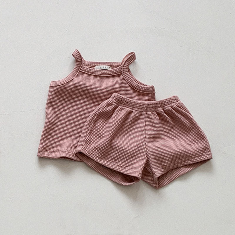 GB25032406韓版ins童裝嬰幼童夏季男女童薄棉親膚寶寶華夫格吊帶短褲套裝