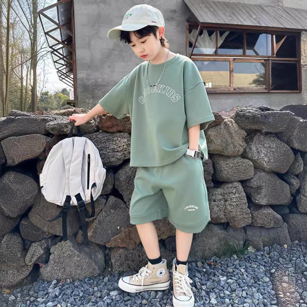 Z2503320男童夏裝運動套裝兒童短袖衣服中大童短褲寬鬆休閒兩件套