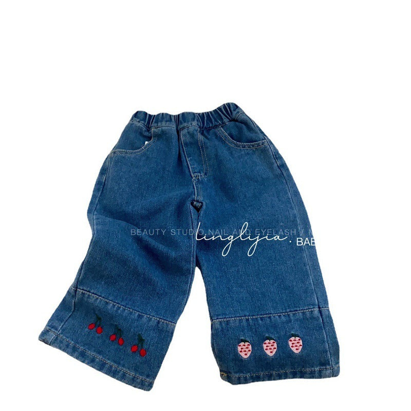 C23083119女童春款牛仔褲春秋季女童韓版刺繡寬鬆牛仔褲寶寶春秋休閒褲