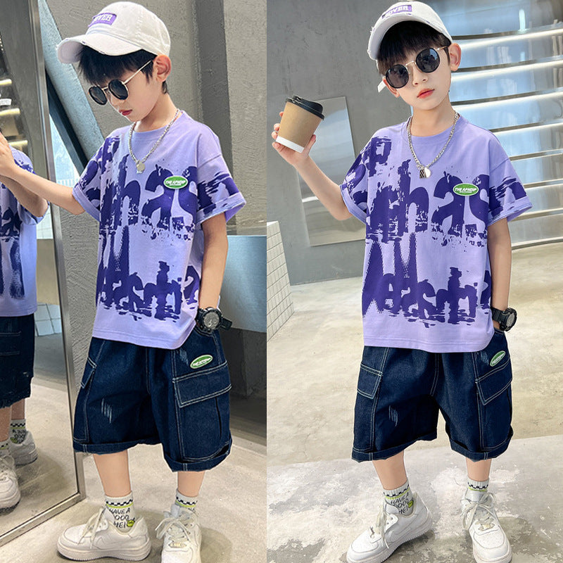 F24050704男童夏裝薄短袖牛仔套裝2024新款兒童夏季帥氣網紅炸街中大童潮