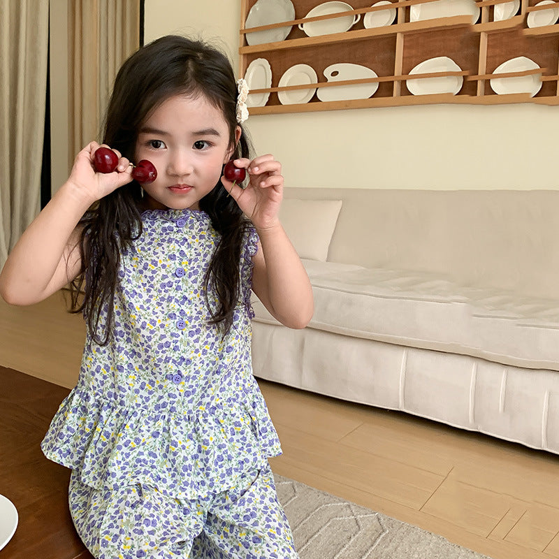 J24022902童套裝2024夏女童公主寬鬆田園風韓版碎花花邊娃娃衫寬褲套裝