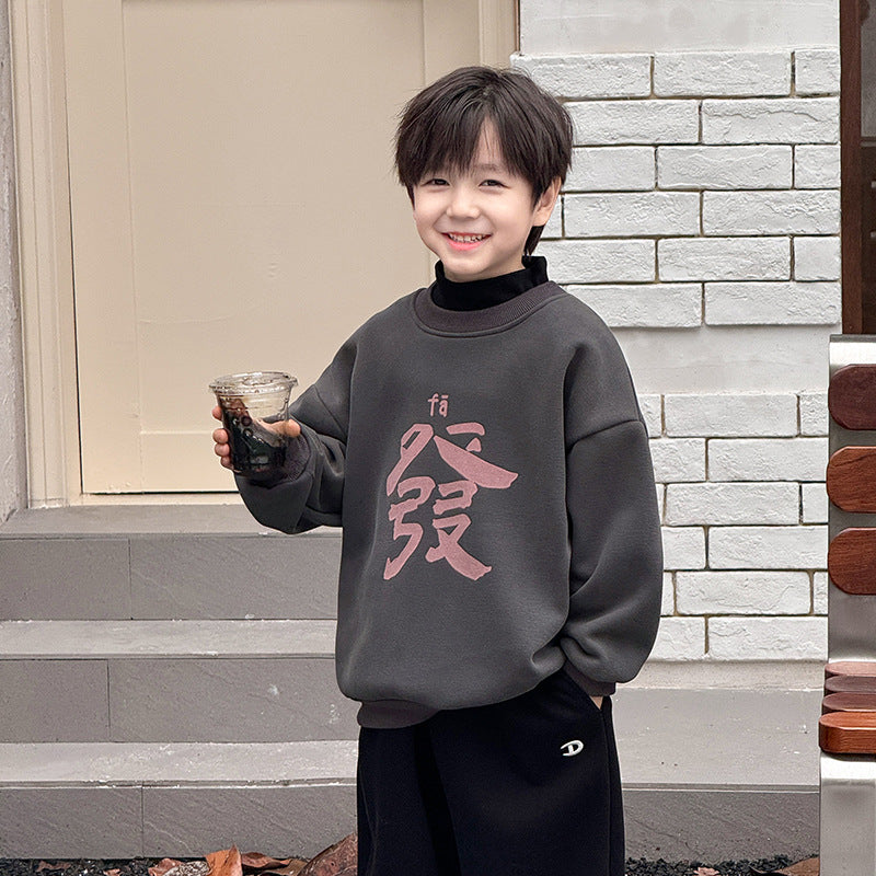 CA24121804男童加絨衛衣2025新款冬季加厚一體絨過年新年紅色喜慶兒童拜年服