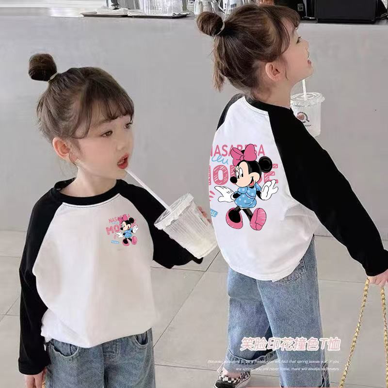 CE25091901女童長袖t卹春秋裝新款兒童撞色卡通洋氣女孩中大童打底上衣