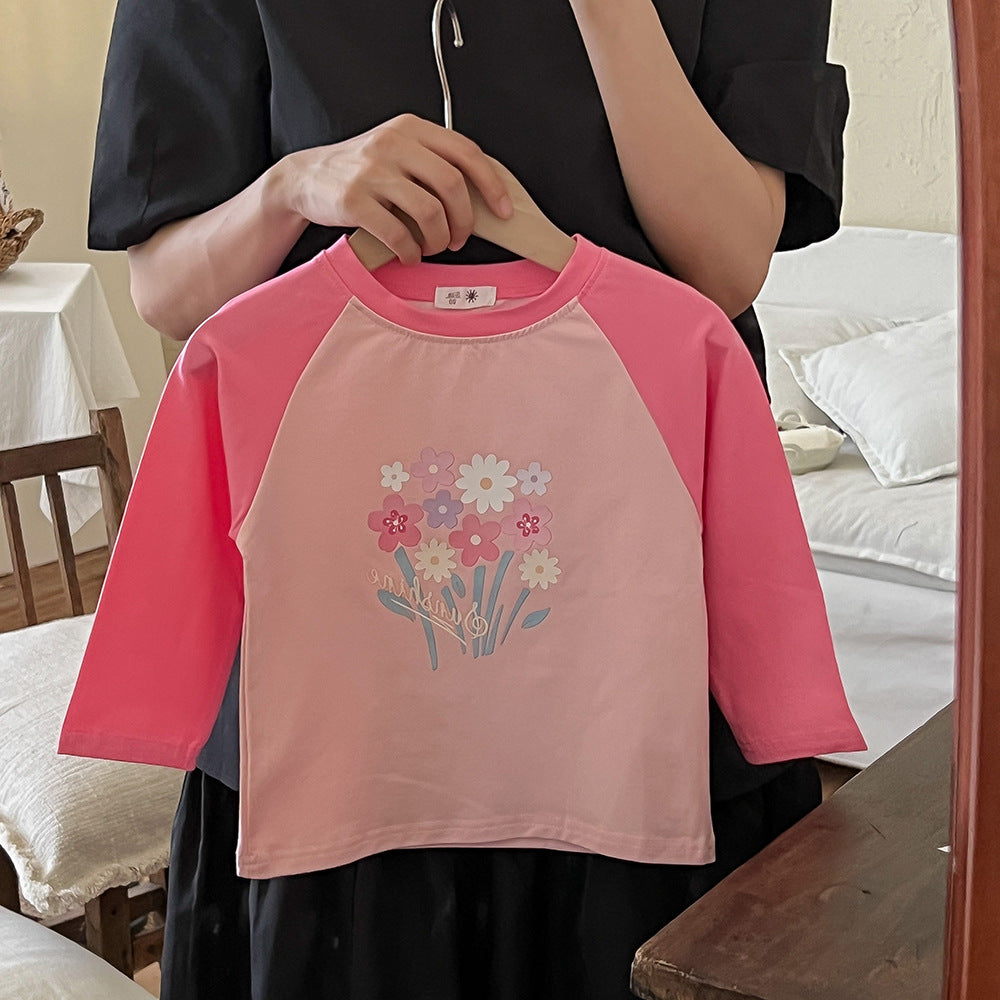 J23092115春秋兒童T恤卡通可愛男童女童拼色純棉長袖上衣可愛百搭洋氣打底