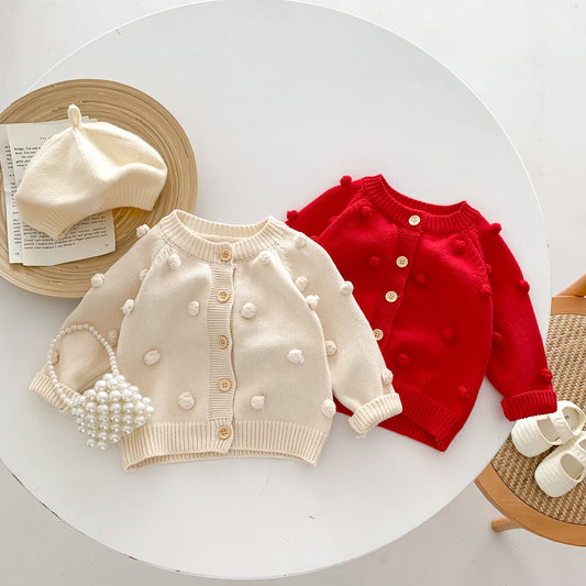 G23111613兒童毛衣男女寶寶兒童手工球針織衫棉外套長袖新生兒新年裝衣服