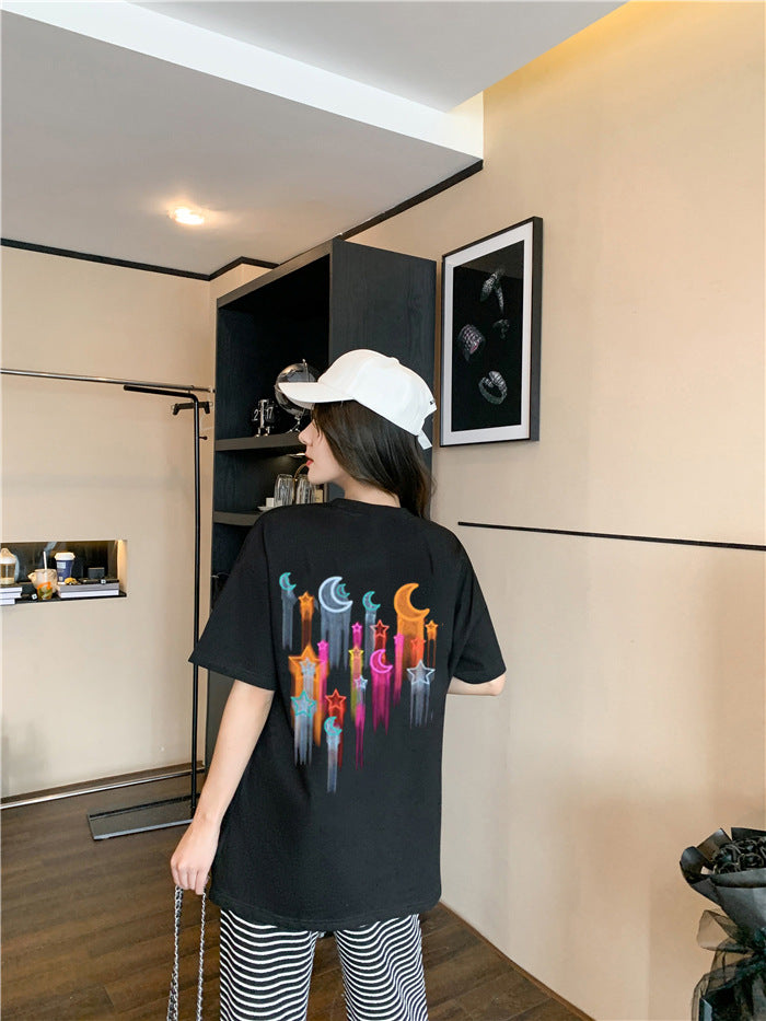 L23070615網紅炸街親子裝夏裝潮一家三口嬰兒爬服母子母女洋氣純棉星星t恤