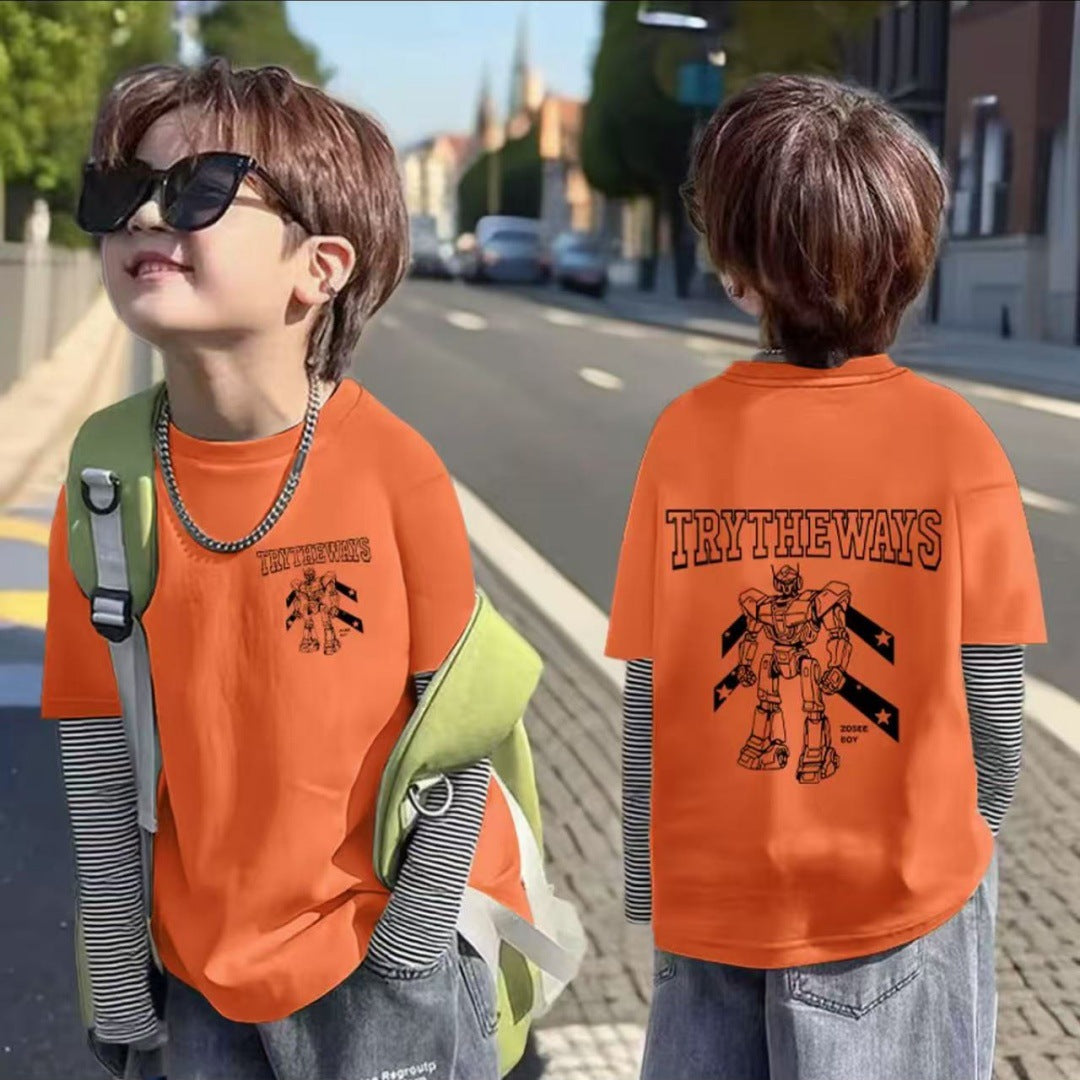 CE25091905男童春秋韓版裁切假兩件長袖T恤男孩休閒極簡風韓系純棉打底上衣T