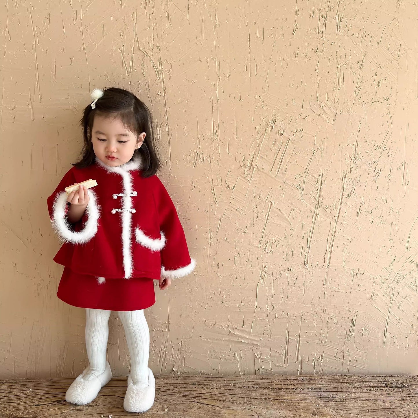 Z24110117女童拜年服冬裝兒童中國風新年冬喜慶寶寶過年衣服毛呢套裙