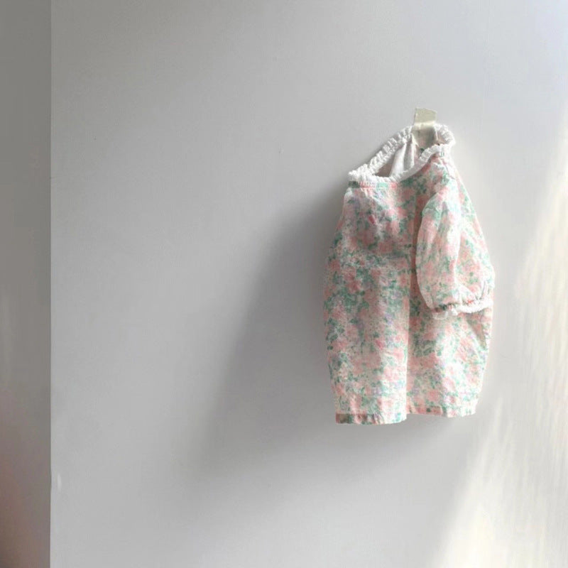 GB23080305韓版童裝2022夏季女童牛仔背帶裙+碎花短袖T寶寶可愛洋氣套裝潮