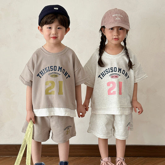 Z25020912兒童夏季運動套裝假兩件女童寬鬆