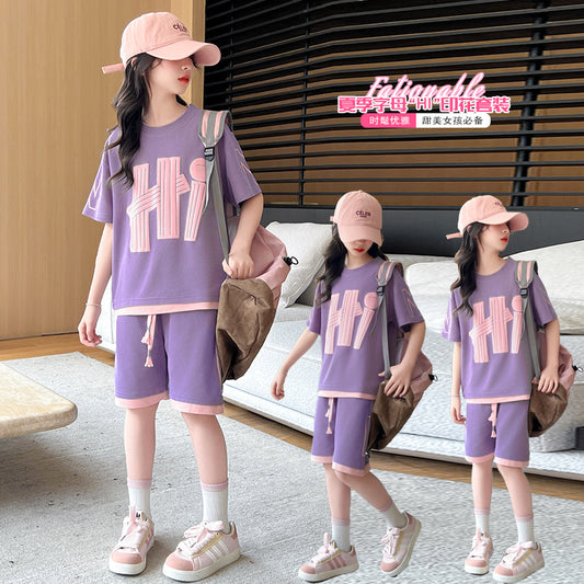FG25053015女童夏季套裝2025新款時髦兒童休閒運動韓範女大童短袖五分褲夏裝