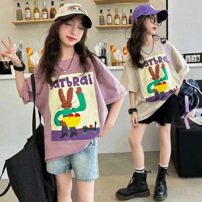 FG25053008女童短袖t恤夏季2025新款兒童上衣女孩T卹中大童夏裝體恤寬鬆