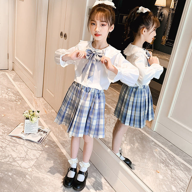F23090713女童JK套裝春裝2023新款兒童學院風百褶裙中大童蝴蝶結兩件套