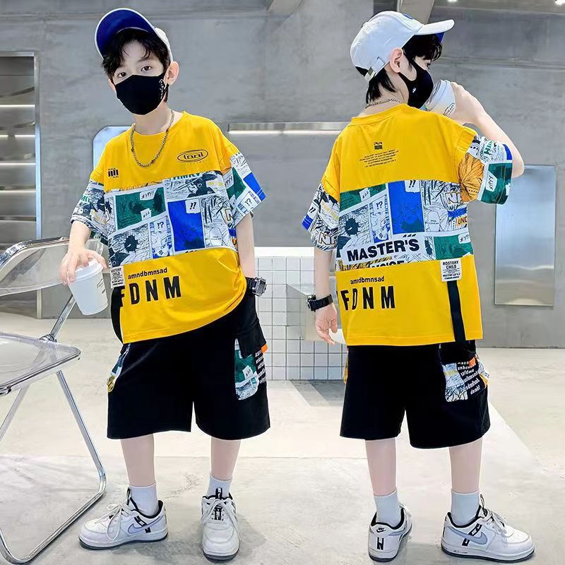 FG25053009新款兒童夏季T恤兩件組中大童休閒潮款男童夏裝短袖套裝帥氣時髦