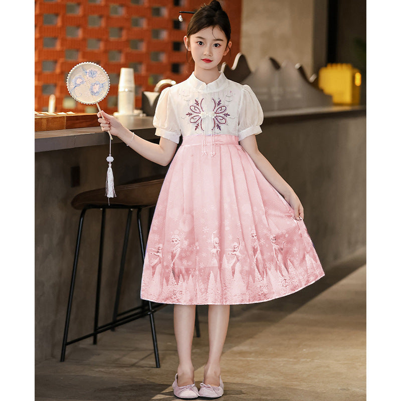 F24050714漢服女童夏裝2024新款大童短袖連身裙兒童風新款夏季唐裝