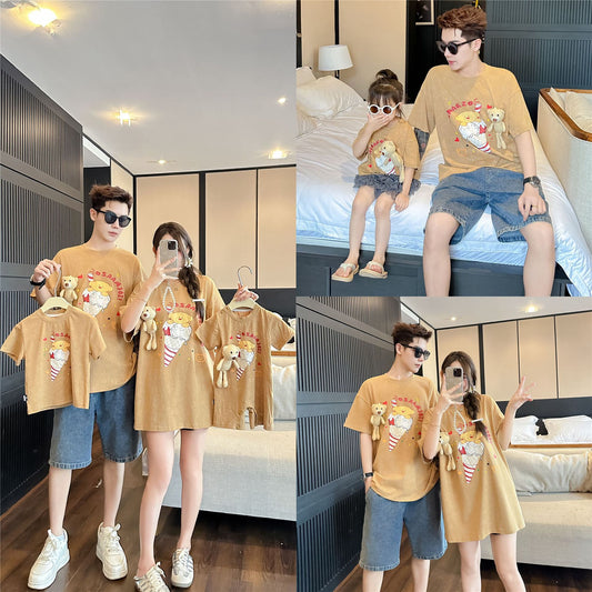 L25041702洋氣親子裝一家三四口短袖2025新款夏母子母女可拆卸小熊親子裝潮