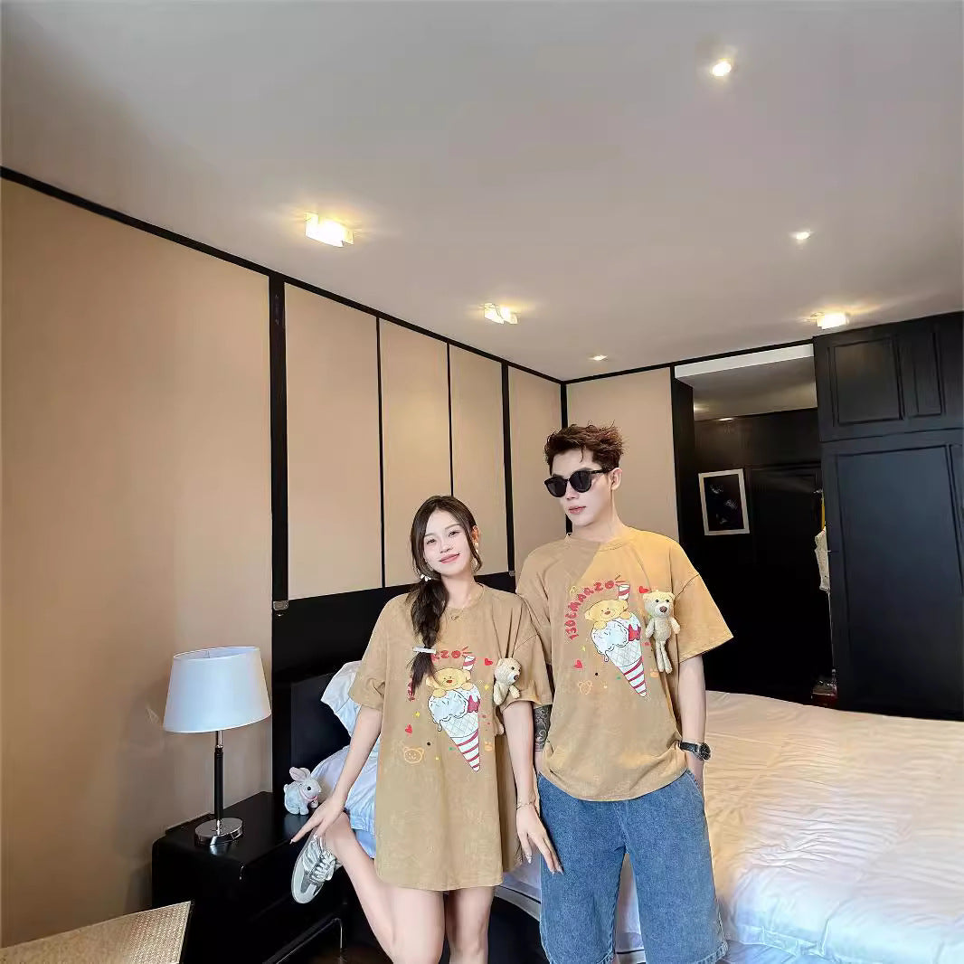 L25041702洋氣親子裝一家三四口短袖2025新款夏母子母女可拆卸小熊親子裝潮
