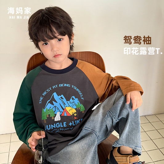 GJ25082714春秋新款純棉長袖T卹兒童山系印花童裝衣服春裝潮