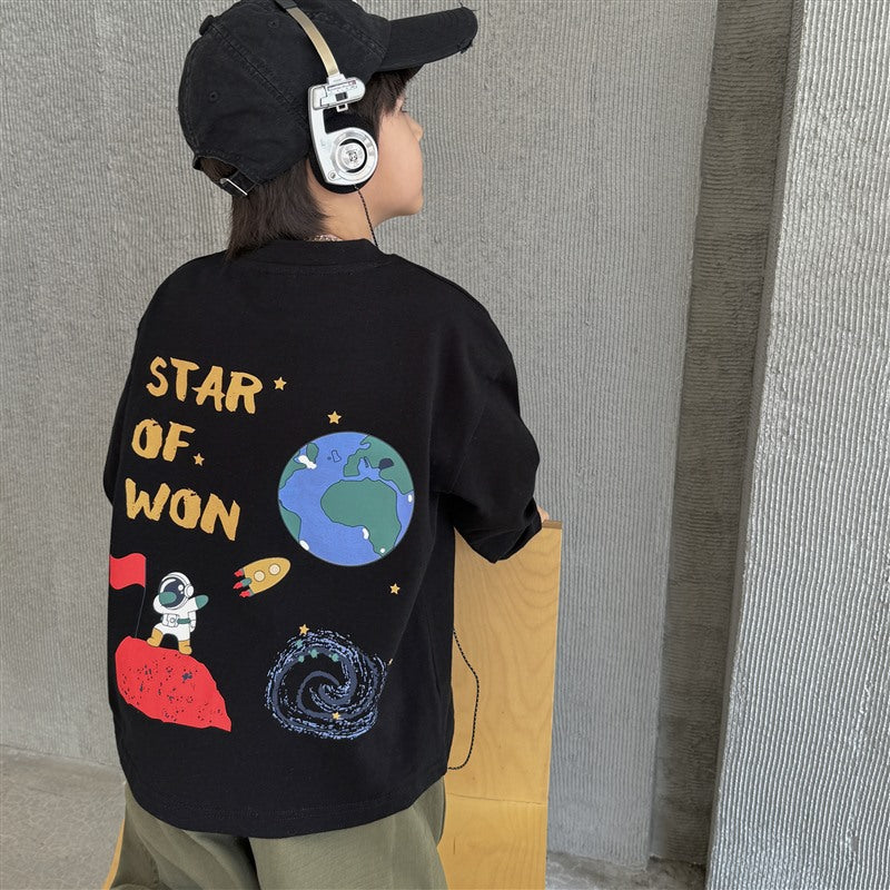 GJ25082708秋季新款男孩純棉長袖T卹太空印花女童秋裝衣服韓版潮