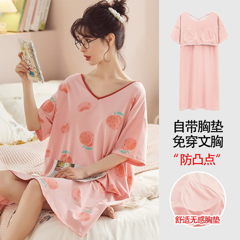 Z25040126自備胸墊一體式睡裙女款夏季短袖睡裙夏天莫代爾可外穿