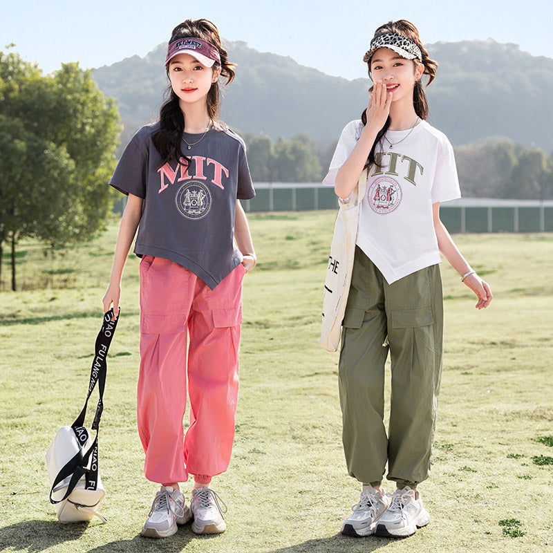 FE24070101夏季中大童短袖工裝褲套裝運動風雙色任選套頭衫兩件套批發(9-12天到貨)