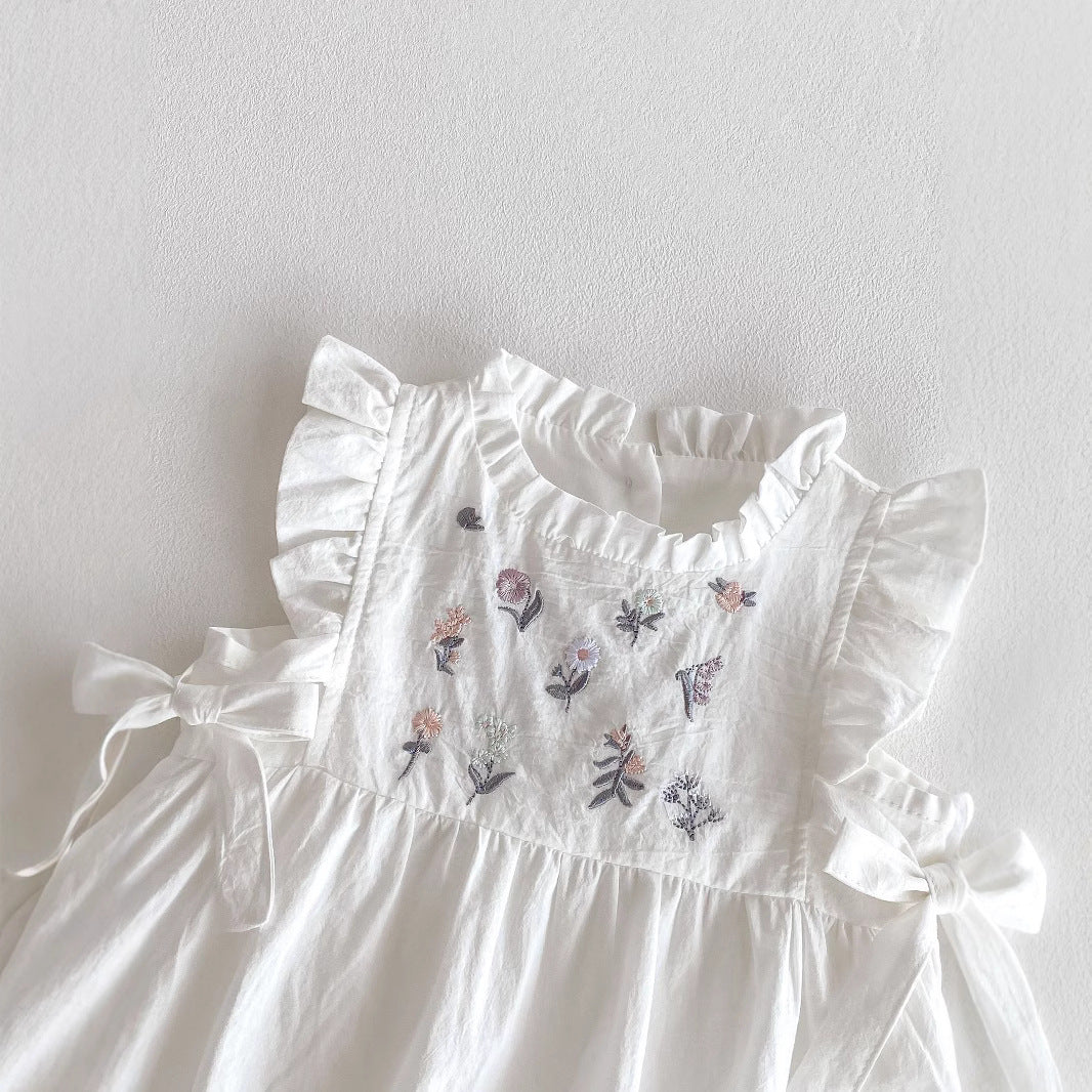 Z25022330款嬰兒夏季刺繡碎花側腰蝴蝶結嬰幼兒哈衣女寶寶無袖薄款爬服