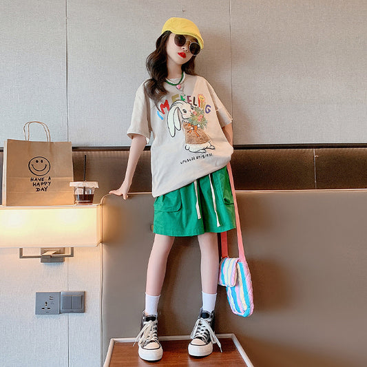 Z25030433女童短袖T恤棉質卡通夏季新款兒童洋氣女孩時尚中大童半袖t上衣