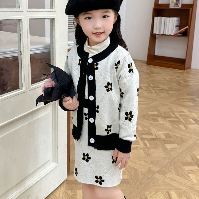 CF25091921兒童女童春秋2024套針織毛衣韓版運動開襟裙半身裙潮童裝寶寶