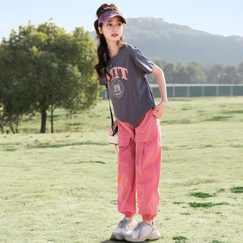 FE24070101夏季中大童短袖工裝褲套裝運動風雙色任選套頭衫兩件套批發(9-12天到貨)