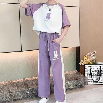 FG25053017網紅女童春秋夏季套裝新款兒童卡通字母短袖女孩休閒褲兩件套裝