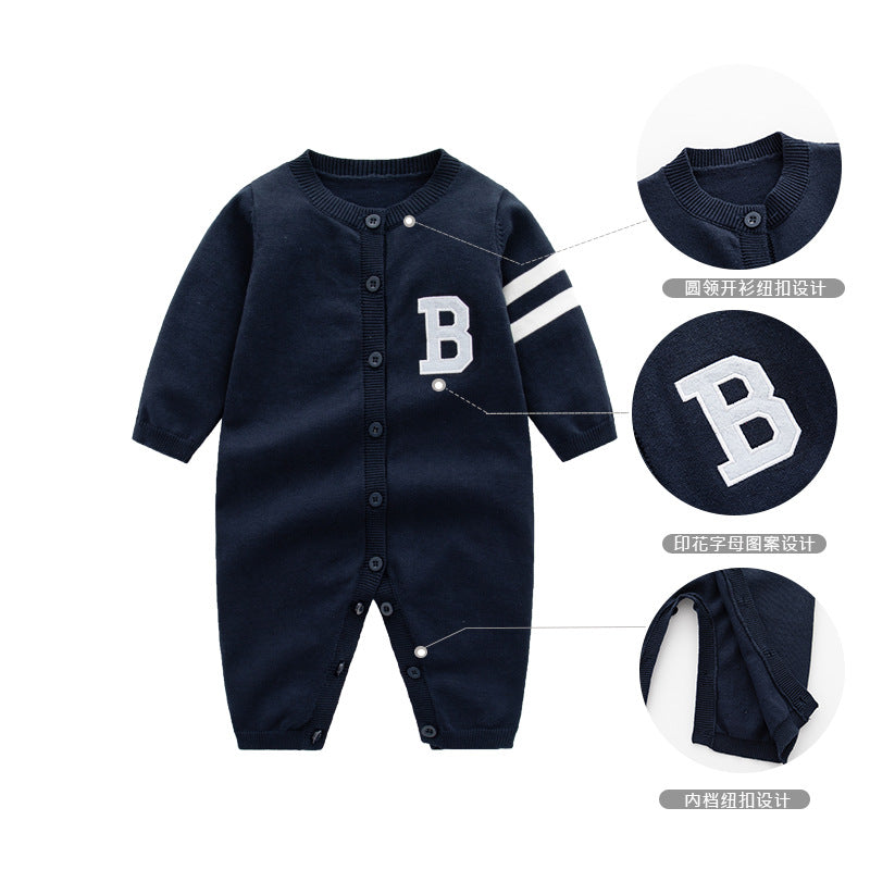 GC23101204嬰兒毛線衣哈衣秋冬保暖連身衣棉線新生兒衣服帥氣嬰兒針織連身衣